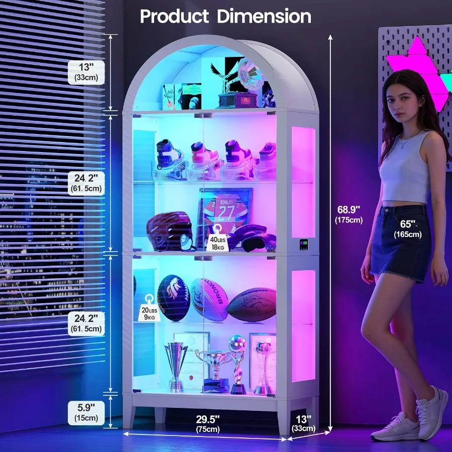 5 Tier Arched Display Cabinet with Door for Living Room, Wood Finish, Black, RGB LED Lights for Enhanced Visibility