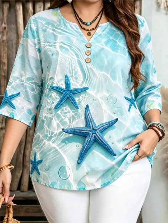 3D Starfish Seashell Ocean Water Ripple Print Blouses Notch Split V Neck 3 Buttons 3/4 Sleeve Women Coastal Vacation Tops