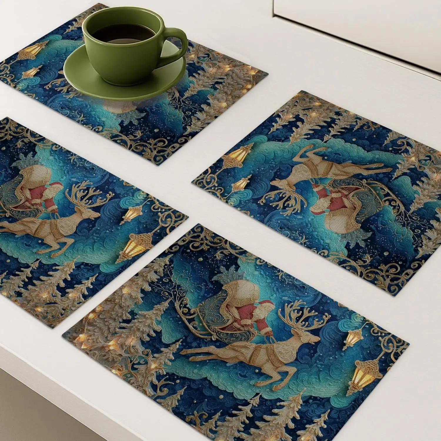 

Winter Wonderland Santa Sleigh Placemats, Blue Festive Table Mats for Holiday Dining, Non-Slip Washable Indoor Outdoor Decor
