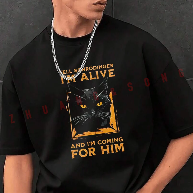 

Vintage Cat With Orange Eyes And Schrodinger Humor Moto T-Shirt Men Hip Hop Streetwear Unisex Casual Fashion Short Sleeve Tops