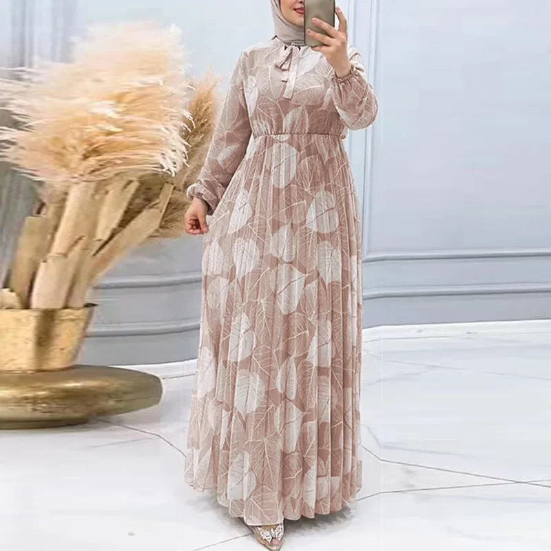 Muslim Turkey Kaftan Loose Robe Femme Caftan Islam Clothing Pleated Dress with Leaf Pattern Dress for Women Casual Dubai Abayas