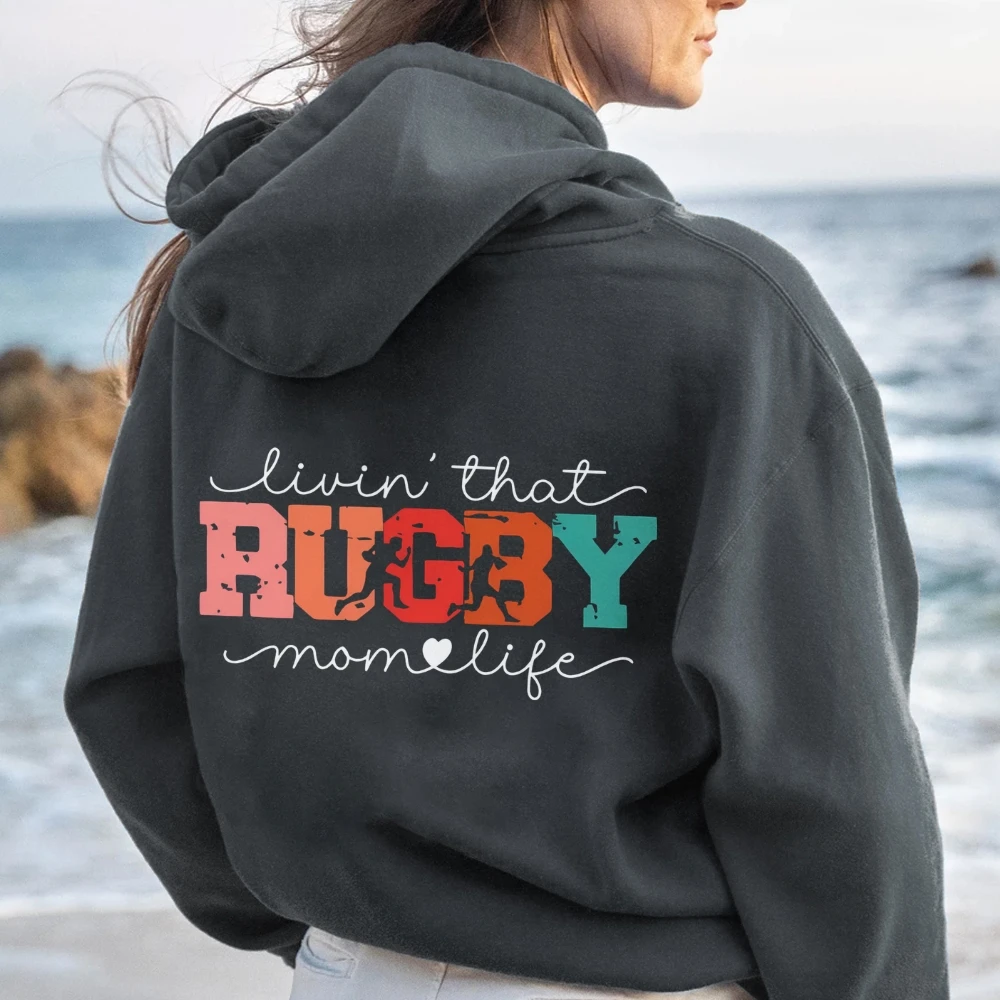 Rugby Mom Football Game Hoodies Back Printed Retro Outfits Game Day Sweater Football Spirit Wear Shirts Sports School Sweatshirt