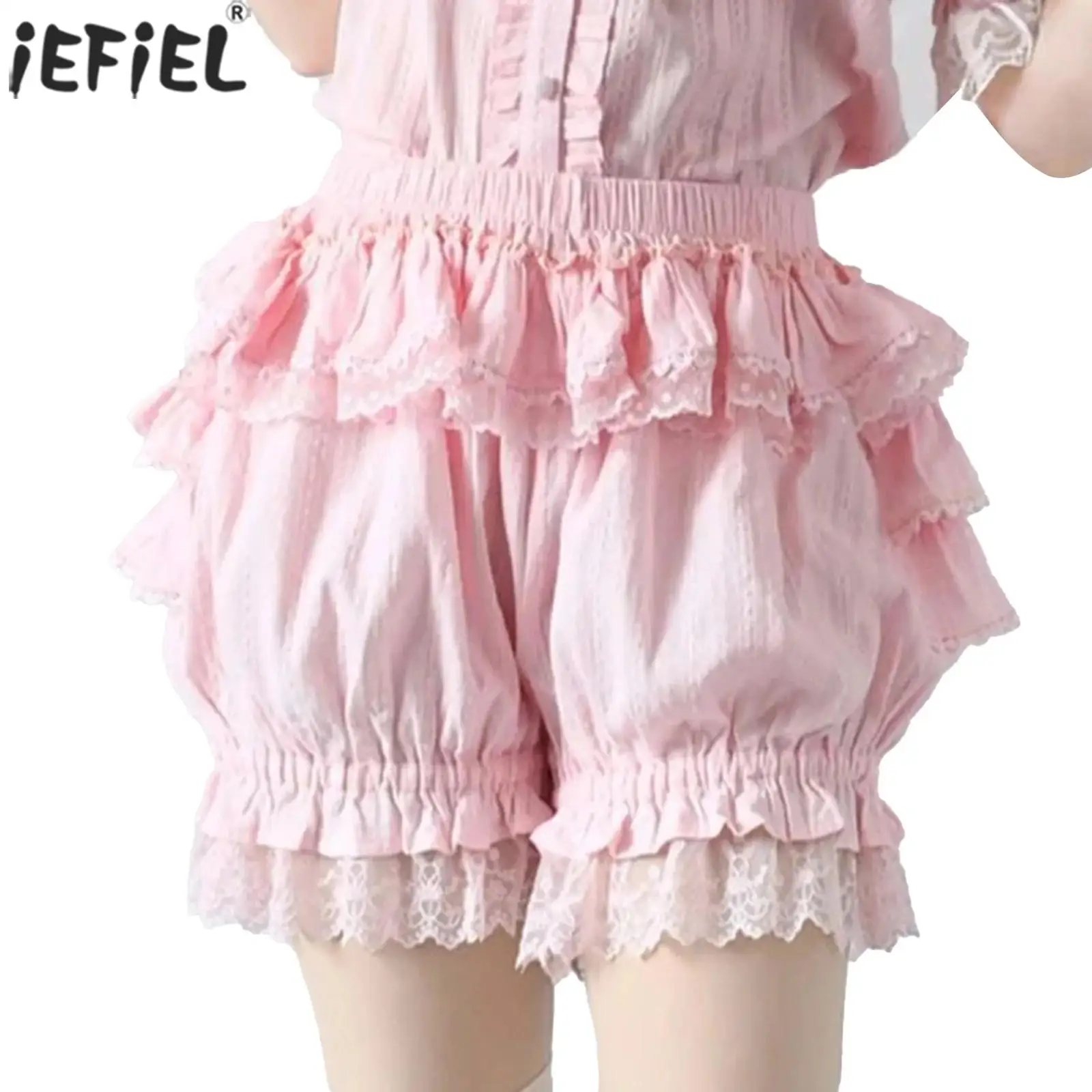 

Japanese Women Sweet Princess Shorts Pants High Waist Casual Lace Trim Tiered Ruffles Bloomers Shorts for Masquerade Theme Party