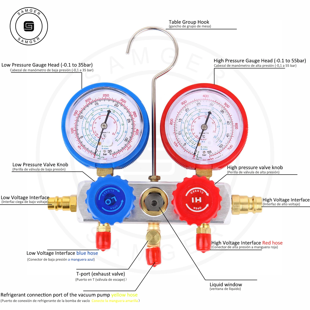 Samger Koelmiddel Manometer Set W/Doos Airconditioning Koeling Set Opladen Slang Voor R134A R22 R12 R502 Koudemiddelen