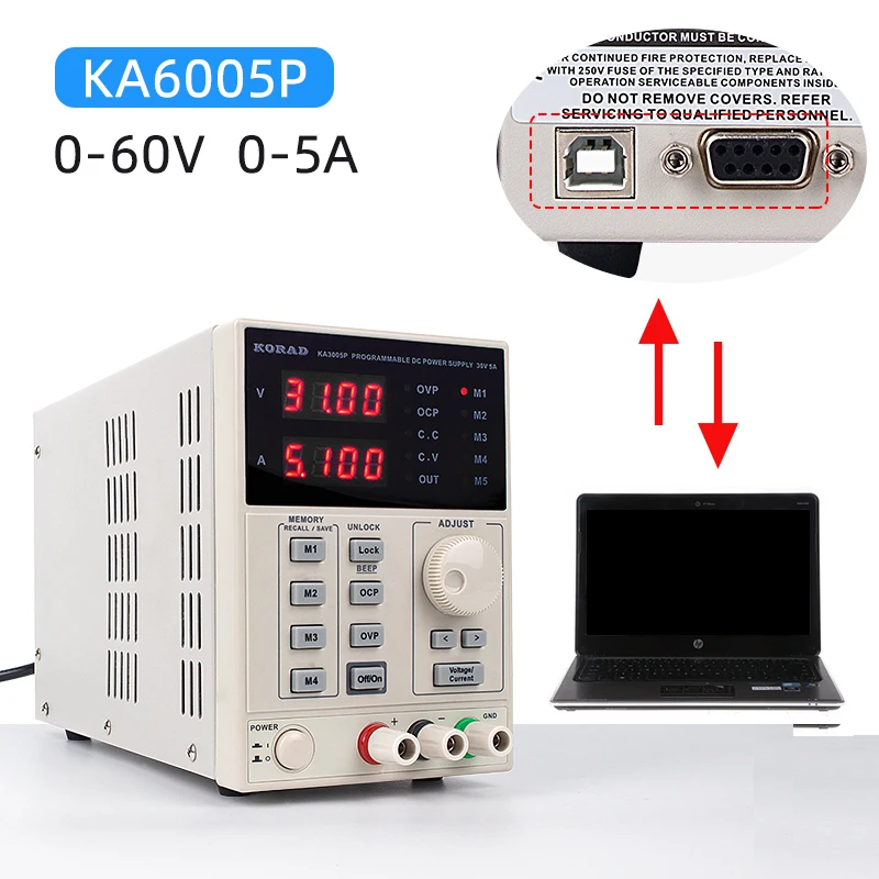 KA6005P Laboratory Adjustable Digital Linear Programmable DC Power Supply 60V 5A 0.01V 0.001A USB RS232 Interface Connect PC