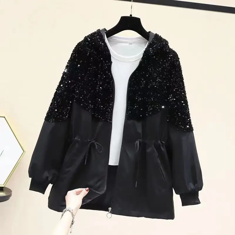 

Large Size Autumn Winter New Waist Sequined Trench Coat Women's Korean Version Fashion Versatile Top Loose and Thin Foreign Coat