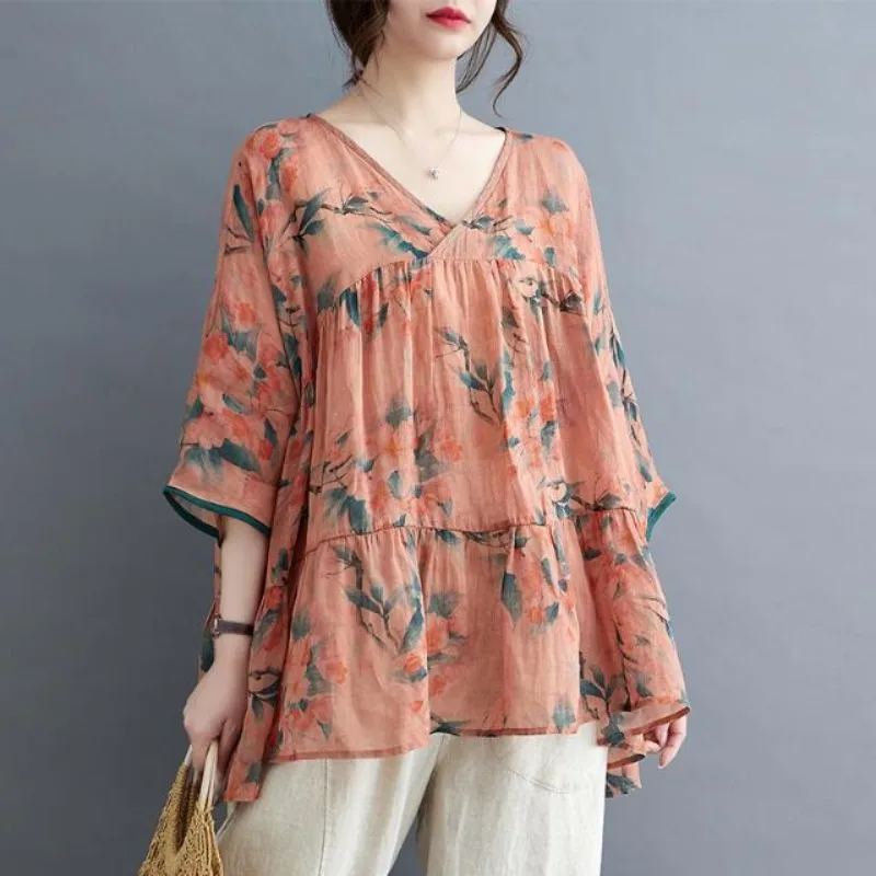 

Retro Fashion Summer V-neck Women's Fiberflax Printing Patchwork Pleated Fashion Comfortable Elegant Half Sleeve Loose Shirt Top