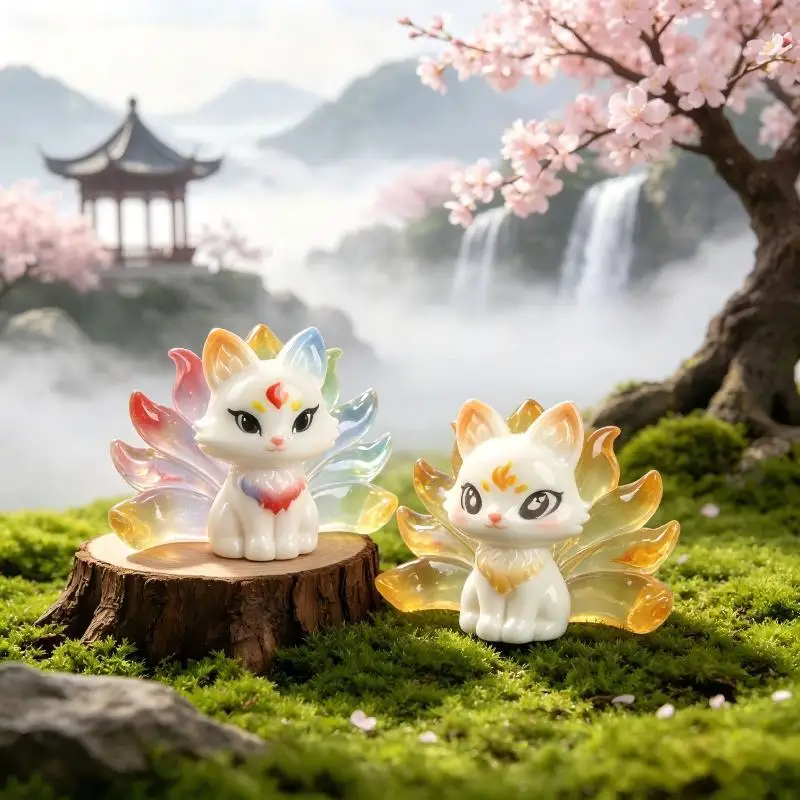 Cute Nine-tailed Fox Resin Charms Cartoon Animal Figurines DIY Keychain Pendants Mini Desktop Car Ornaments Craft Supplies