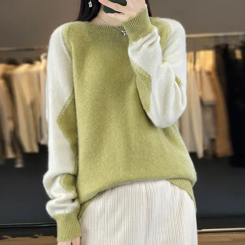 

100% Merino Wool Fashion Contrast Color Knitted Women's O-Neck Pullover Loose Long Sleeve New Product Women's Wool Sweate