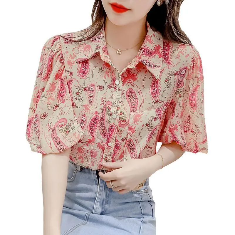 Summer Woman Clothes French Romantic Fashion Style Chiffon Shirt Top Polo-neck Puff Sleeve Floral Chic Elegant Popularity Casual