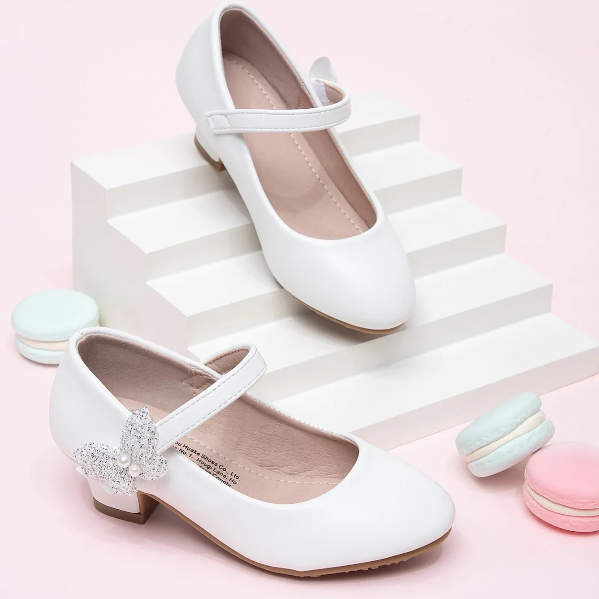 Spring New Girl Princess Shoes Fashion Pearl Bow Children's Leather Shoes Performance Dress White High Heels for Kid's