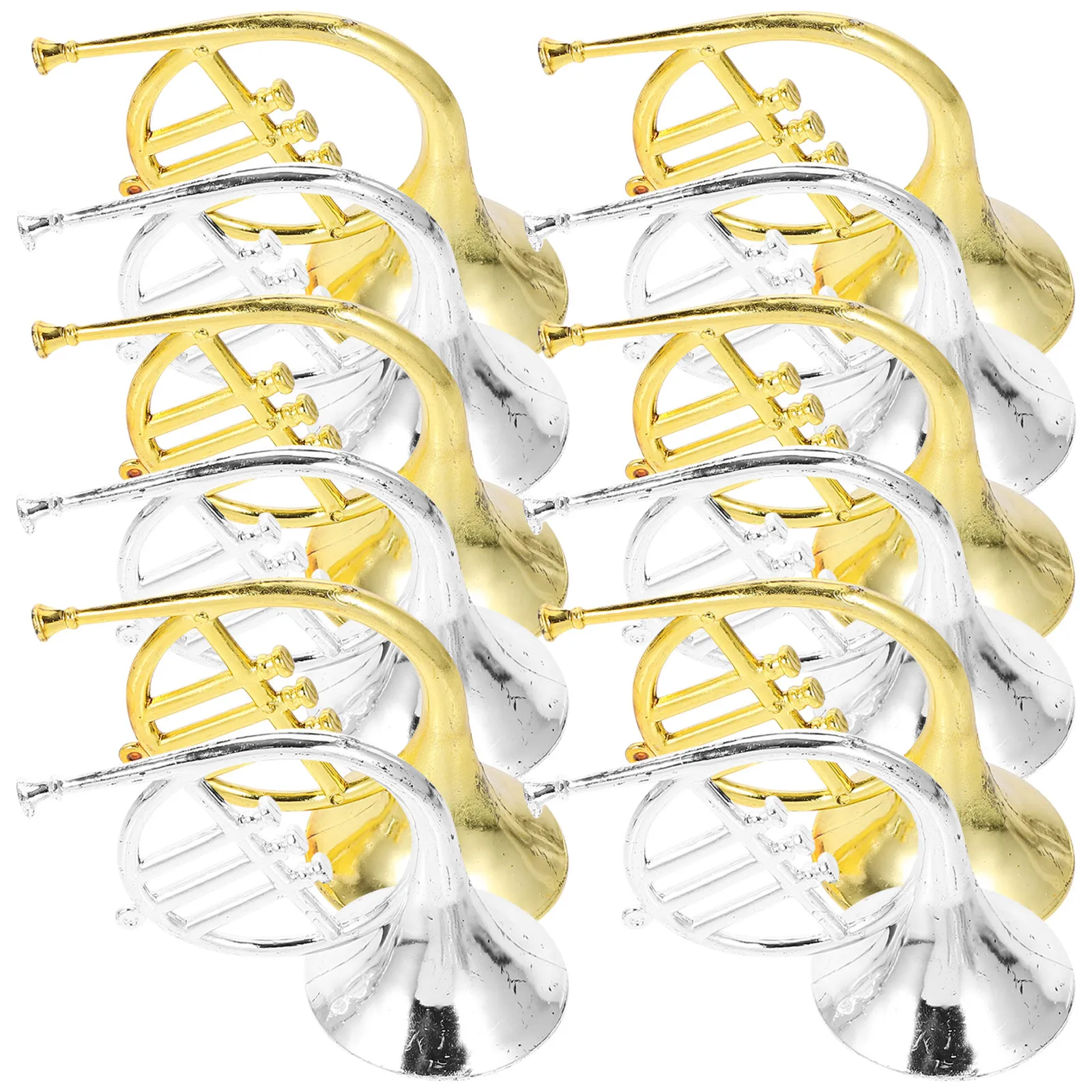

Набор из 12 миниатюрных серебряных и золотых французских рожков: компактные легкие музыкальные подвески для украшения рождественской елки, декоративные шармы для DIY-проектов