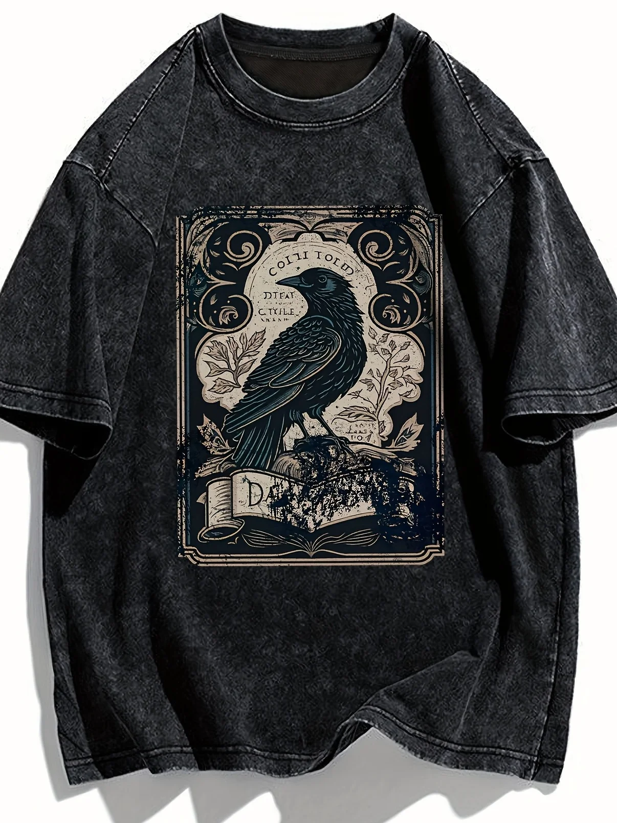 Vintage Washed Black Gothic T-shirt Men Women Occult Raven Skull Moon Print Loose Fit O-neck Short Sleeve Aesthetic Dark Tee