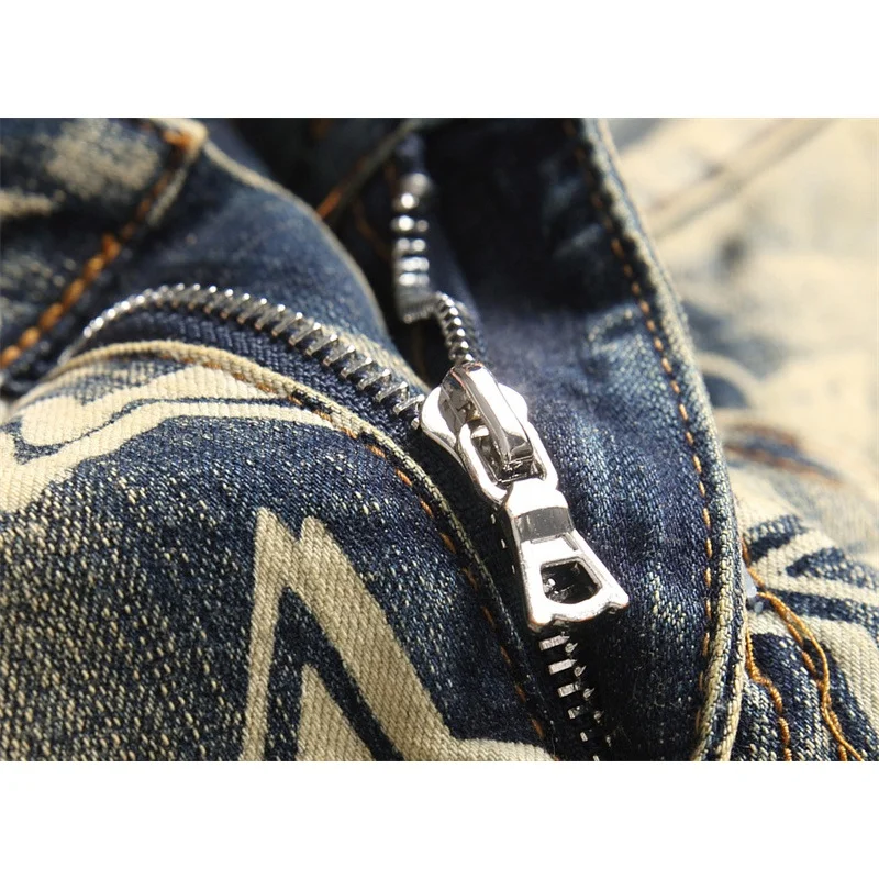 American Retro Printed Jeans Men's Ripped Street Trend Stretch Slim Fit Skinny Pants High-End Motorcycle Men's Clothing