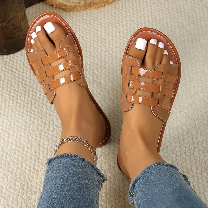 

Плетеные тапочки размера плюс 43, женские плетеные тапочки с открытым носком 2024, римские пляжные сандалии на плоской подошве для женщин, летние уличные повседневные шлепанцы без шнуровки