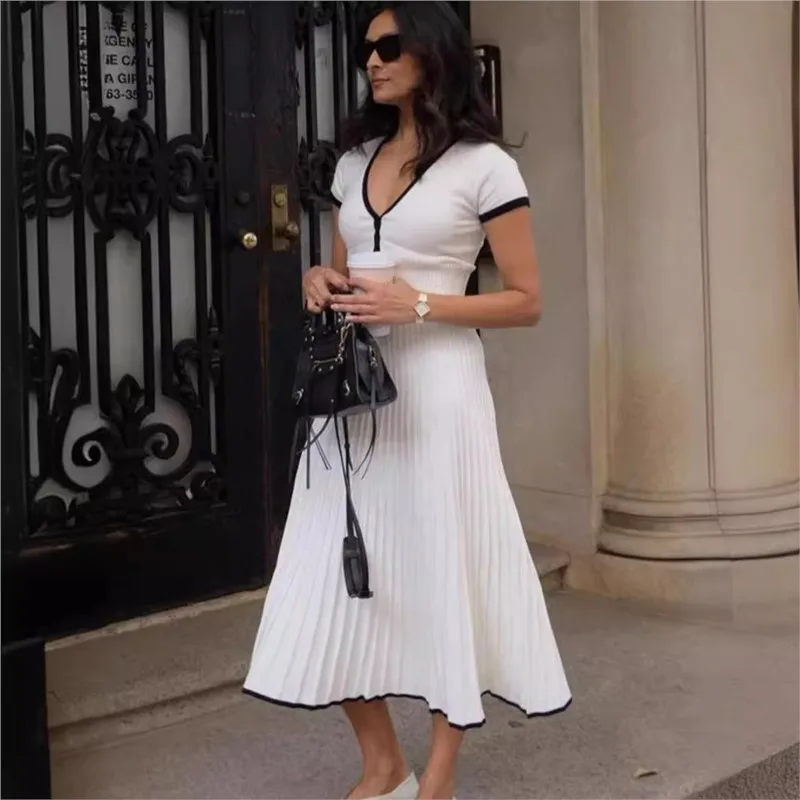 2024 Summer Women\'s White Long Skirt Suit Short Sleeve V-Neck Cropped Top Pleated Suit Elegant Dress 2 Piece Skirt Suit