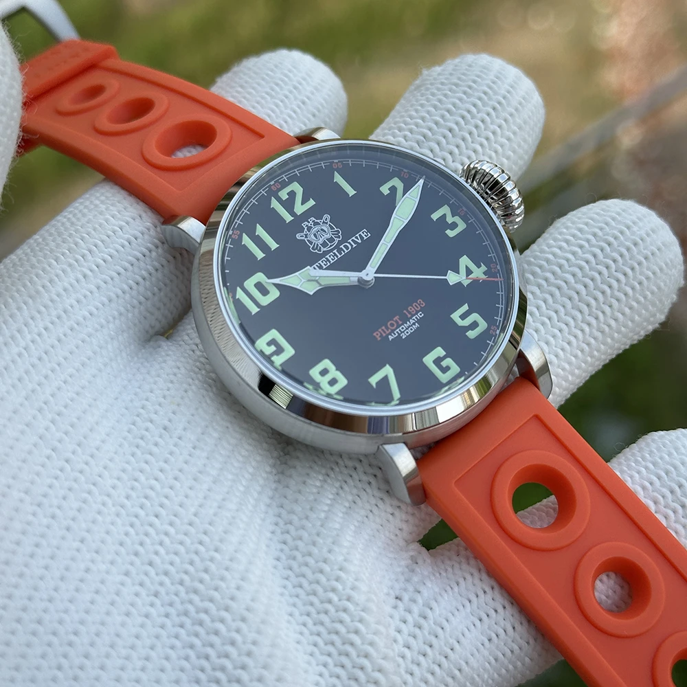 STEELDIVE Men Pilot Watch 46.5mm Military Automatic Mechanical Wristwatch Diver 20Bar Waterproof C3 Luminous Sapphire NH35