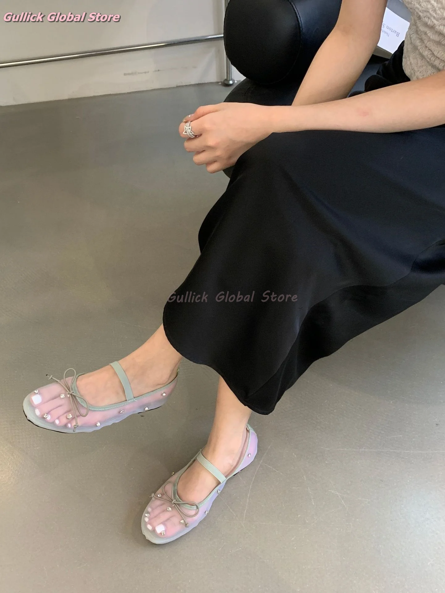 2024 New Arrival Round Toe Mesh Rhinestone Butterfly Knot Flat Summer Breathable Dress Casual Grace Women Shoes Fashionable Cosy