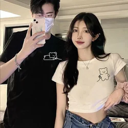 2024 Cartoon Cute Little Bear Drag Couple Tshirt Top For Him and Her Korean Style Cotton Men T-shirt And Women Sexy Crop Top