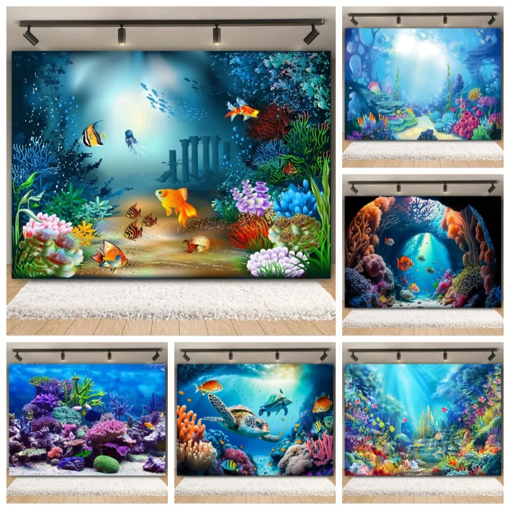 

Underwater World Underwater Aquarium Coral Theme Backdrop Cloth, Children's Birthday Party, Home Decoration Photography Backdrop