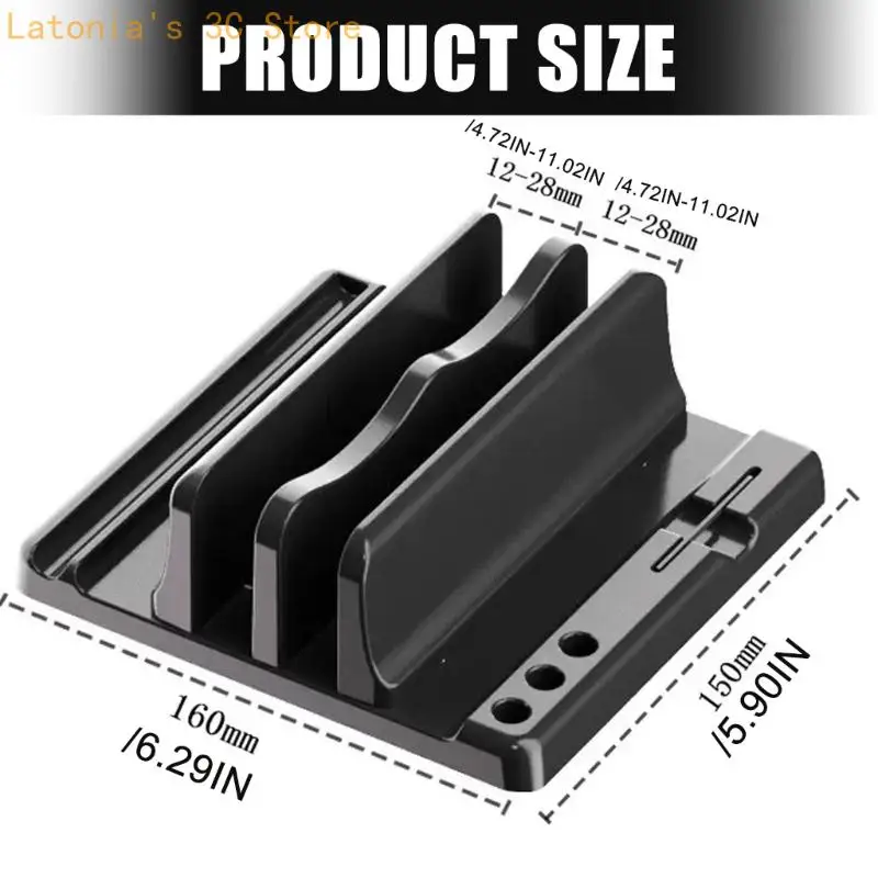 Permanenter vertikaler Laptopständer aus ABS-Kunststoff schützt Geräte. Elastomer gepolstert. Veränderbare Breite. Stiftschlitz – Detail 6