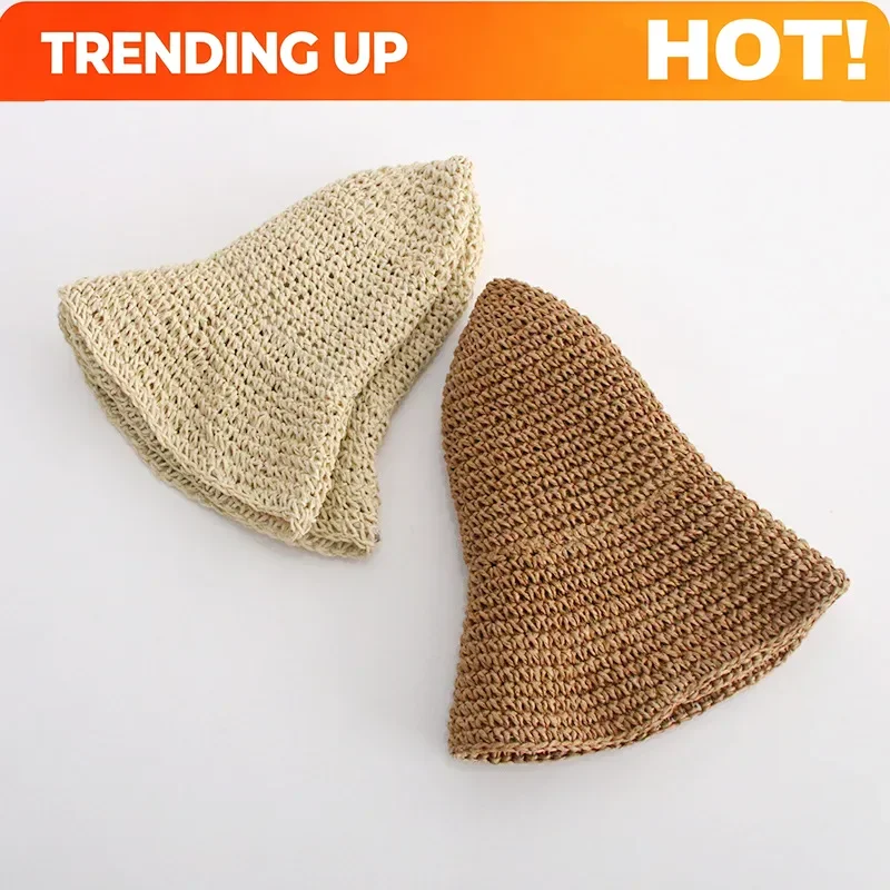 Customization Straw Hat Women's Summer Simple Handmade Straw Woven Retro Fisherman Hat Big Edge Foldable Sun Hat