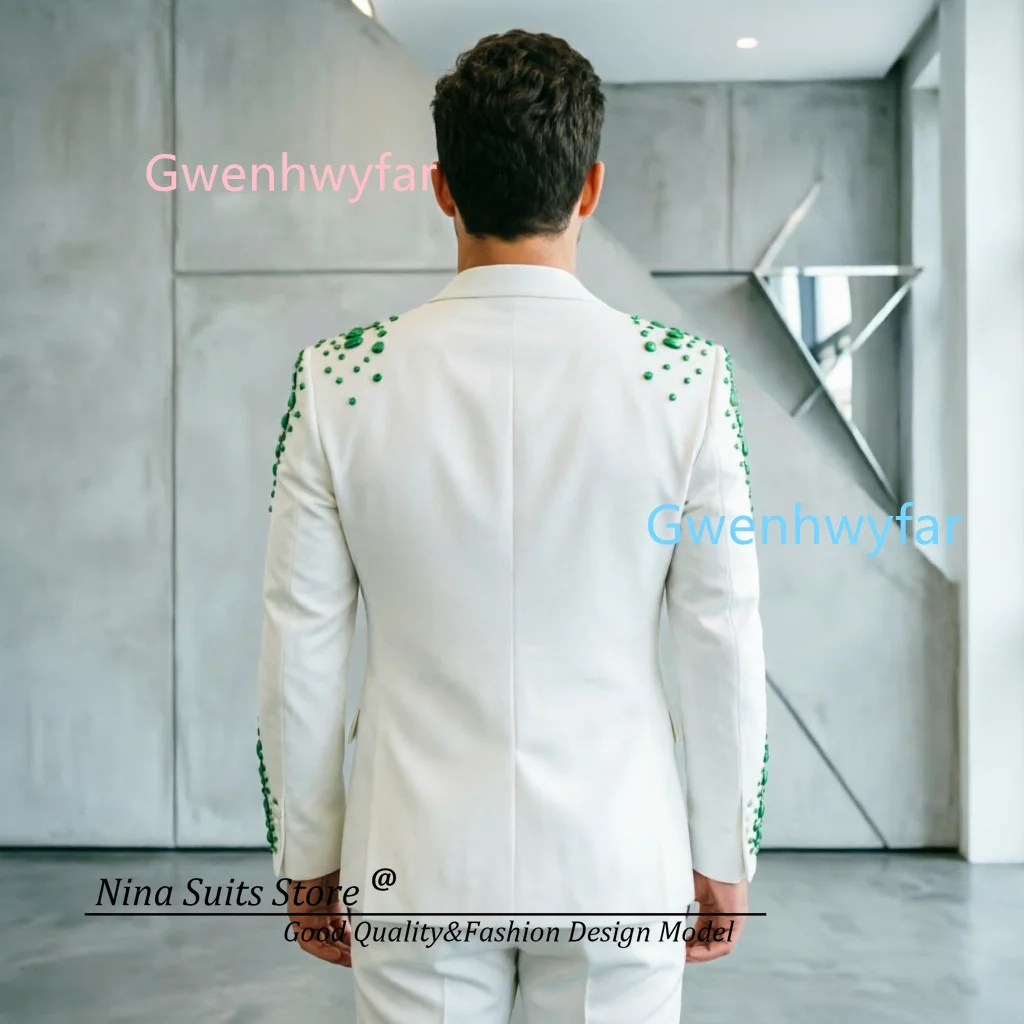 Nina Store 2026 Hnadmade Men's 2-piece Suit White Gorgeous Jacket with Dark Green Acrylic Patterns Trendy Men's Party Suits