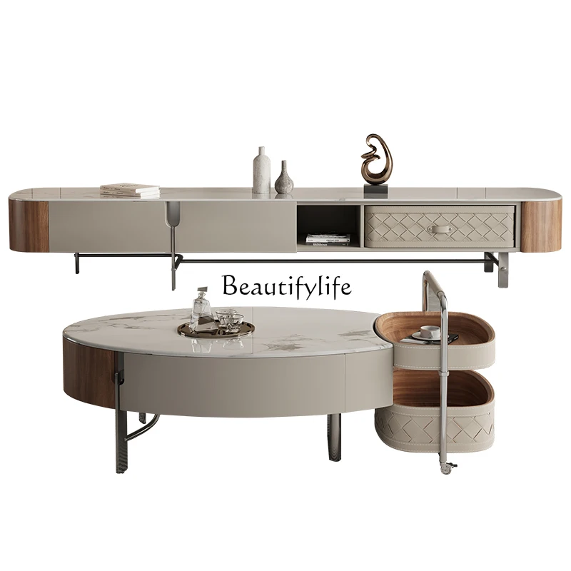 

Light luxury microcrystalline stone coffee table TV cabinet trolley oval coffee table TV cabinet combination