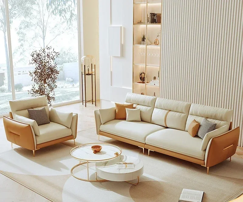 

Simple modern tpye luxury leather sofa living room small apartment three-person color matching sofa