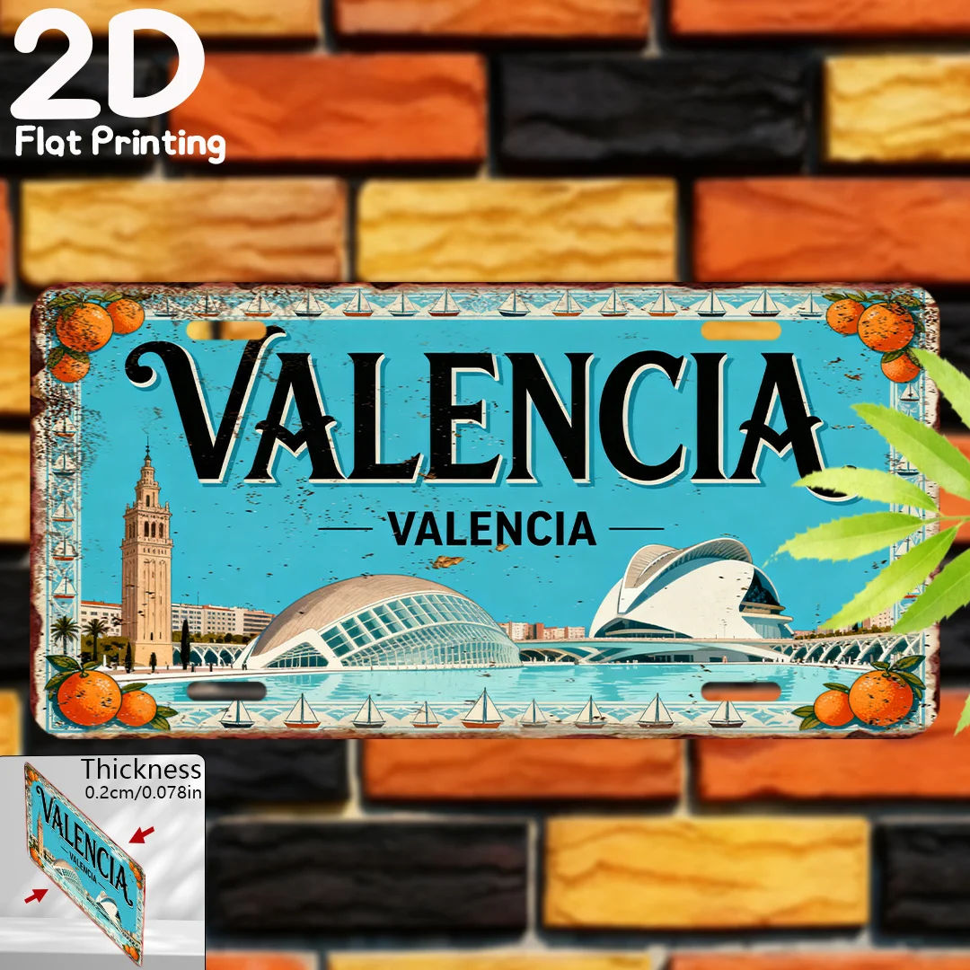 2D Flat 1pc, Retro Aluminum Plate, Decorative Plaque & Statues (6.0 inch X 12.0 inch), Valencia, Spain Scenery