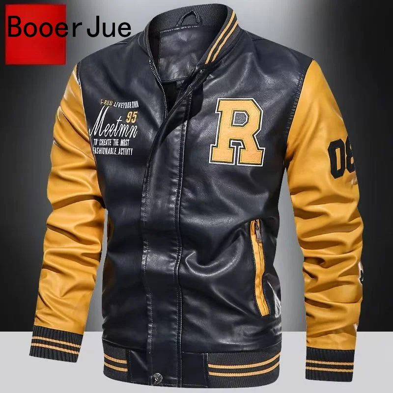 Radsport Outdoor Wandern Bomberjacke Herren Baseball Motorrad Bestickte Leder-PU-Mäntel Schlanke College Fleece Pilotenjacken Top