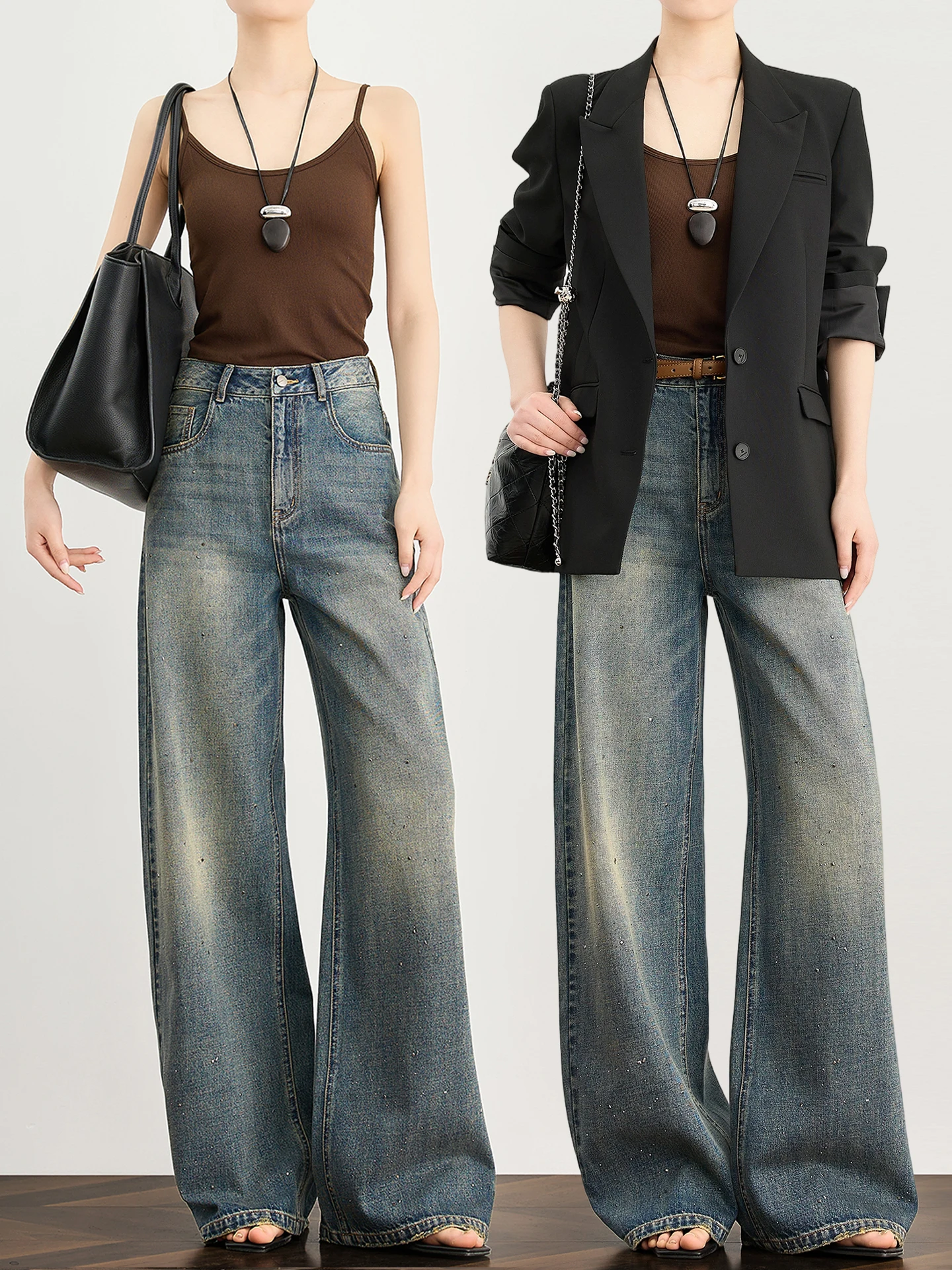 

TUMPUS High Waist Heavy Du Waed Wide Leg Jeans Women's Spring Vintage Straight Cut Denim Pants with Rhinestones Casual Co...