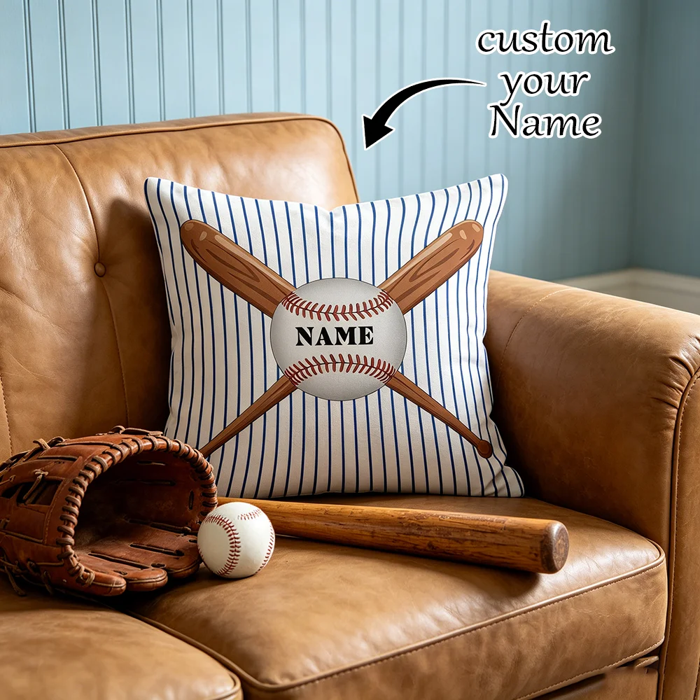 1PC Custom Name Baseball Pillow Cover, Blue Striped Baseball Bat Print Personalized Cushion Cover Sports Themed Home Sofa Decor