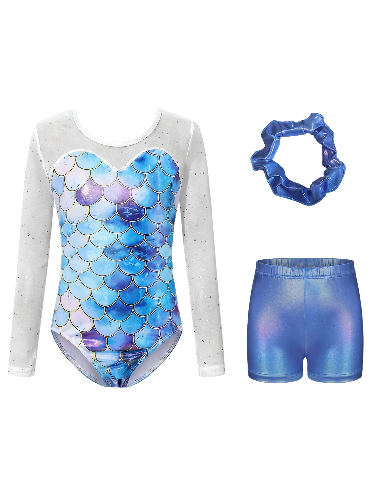 Girls Fish Scale Leotard Shiny Sequins Mesh Long Sleeve Gymnastics Dancewear with Metallic Shorts Hairband for Stage