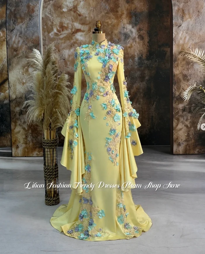Hochgeschlossenes, modifiziertes Qipao 3D Blumen-Meerjungfrauen-Abendkleid, maßgeschneidertes formelles muslimisches Ballkleid, festliches Kulturgewand 2026