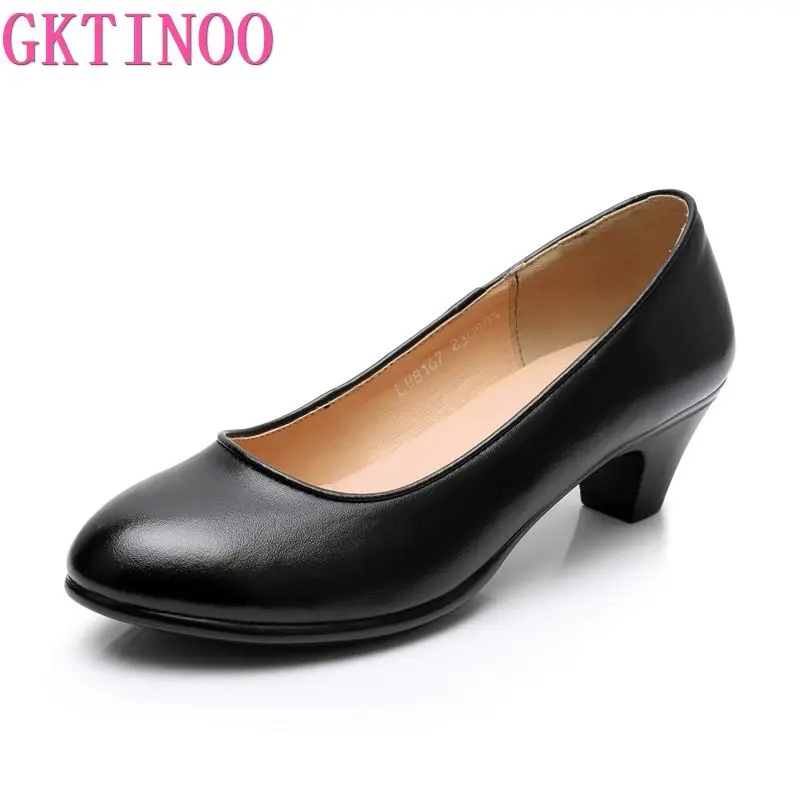 GKTINOO Genuine Leather shoes Women Round Toe Pumps Sapato feminino High Heels Shallow Fashion Black Work Shoe Plus Size 33-43