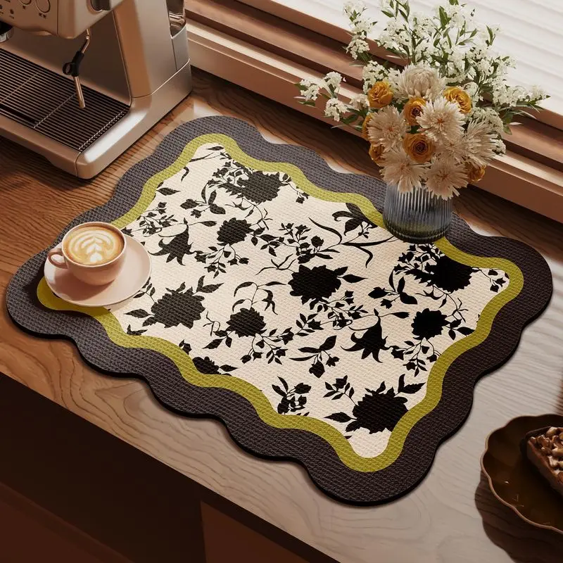 VIKAMA Vintage Floral Bowl Plate Drainer Mat Absorbent Heat Resistant Quick Dry Kitchen Countertop Mat Table Home Decor Pad