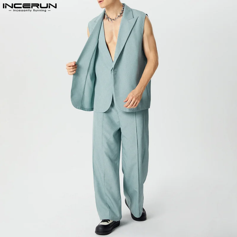 INCERUN Men Two Pieces Pantsuit V Neck Single Button Blazer Vest And Wide Leg Casual Pants 2Pcs Solid Color Suit Stylish Outwear