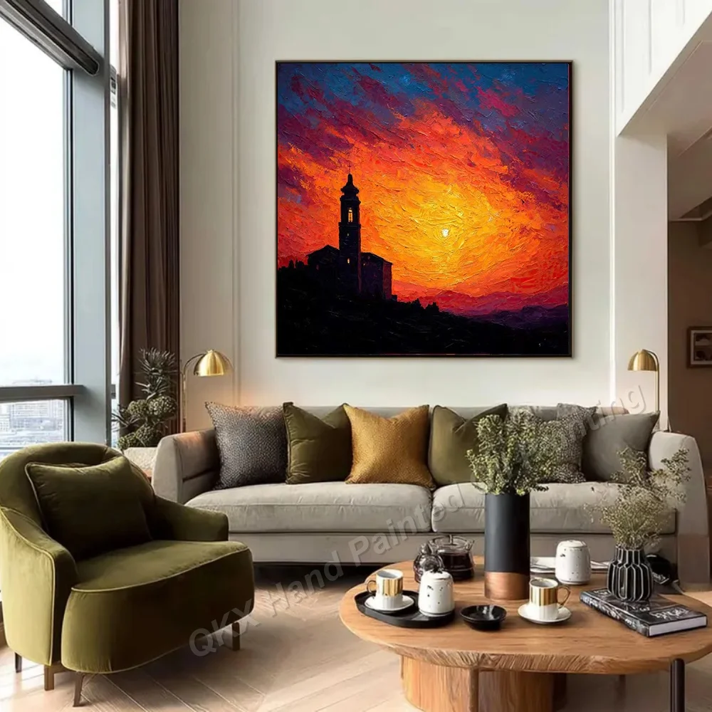 Impasto Vibrant Sunset Bell Tower Silhouette Handmade Oil Painting on Canvas Square Wall Art Decor for Living Room