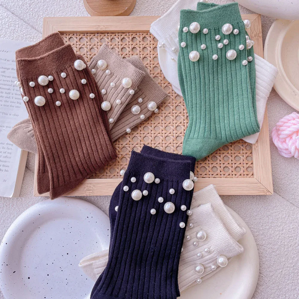 Korean Reto Pearl Socks Women Elastic Cotton Handmade Meias Creative Socks Harajuku Calcetines Mujer