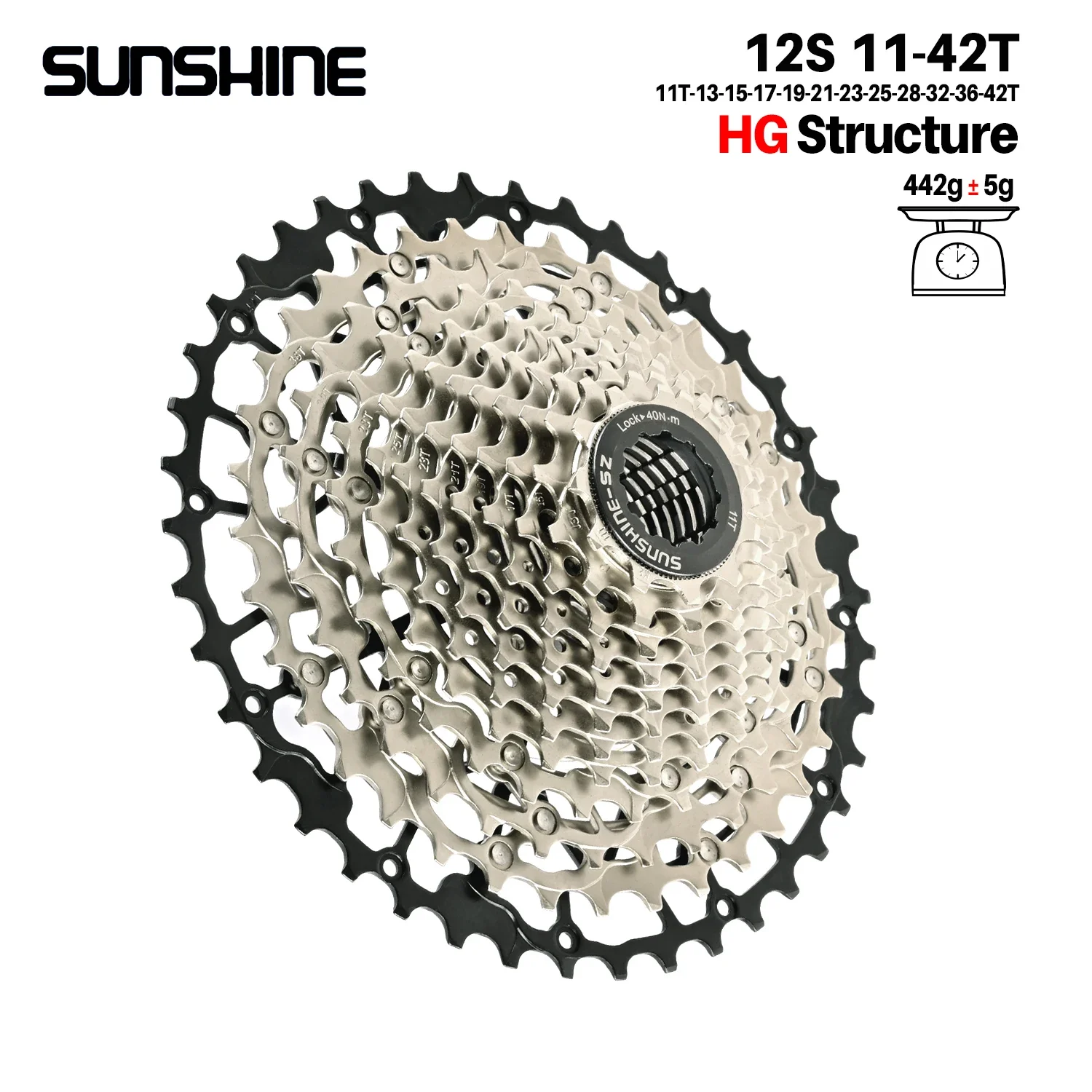 SUNSHINE Ultraleichtes Fahrradkassetten-Freilauf, Kohlenstoffstahl, Material 9/10/11/12/13 Geschwindigkeit, HG-Struktur, Kettenrad für Mountainbike