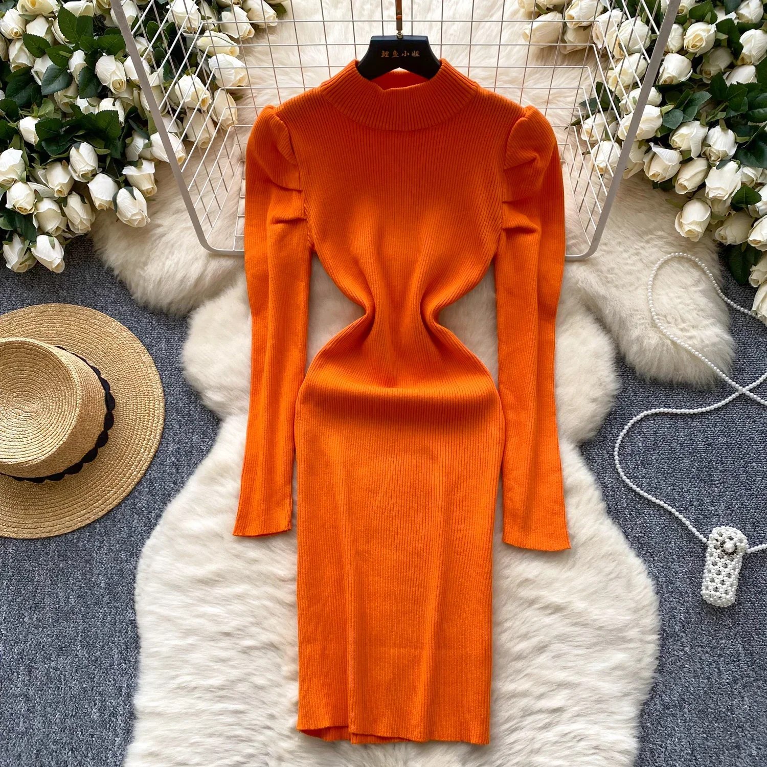 Sweet Pleated Puff Sleeve Slim Fit Knit Robes Half High Collar Solid Elegant Dress Women 2024 Autumn Winter All-match Vestidos