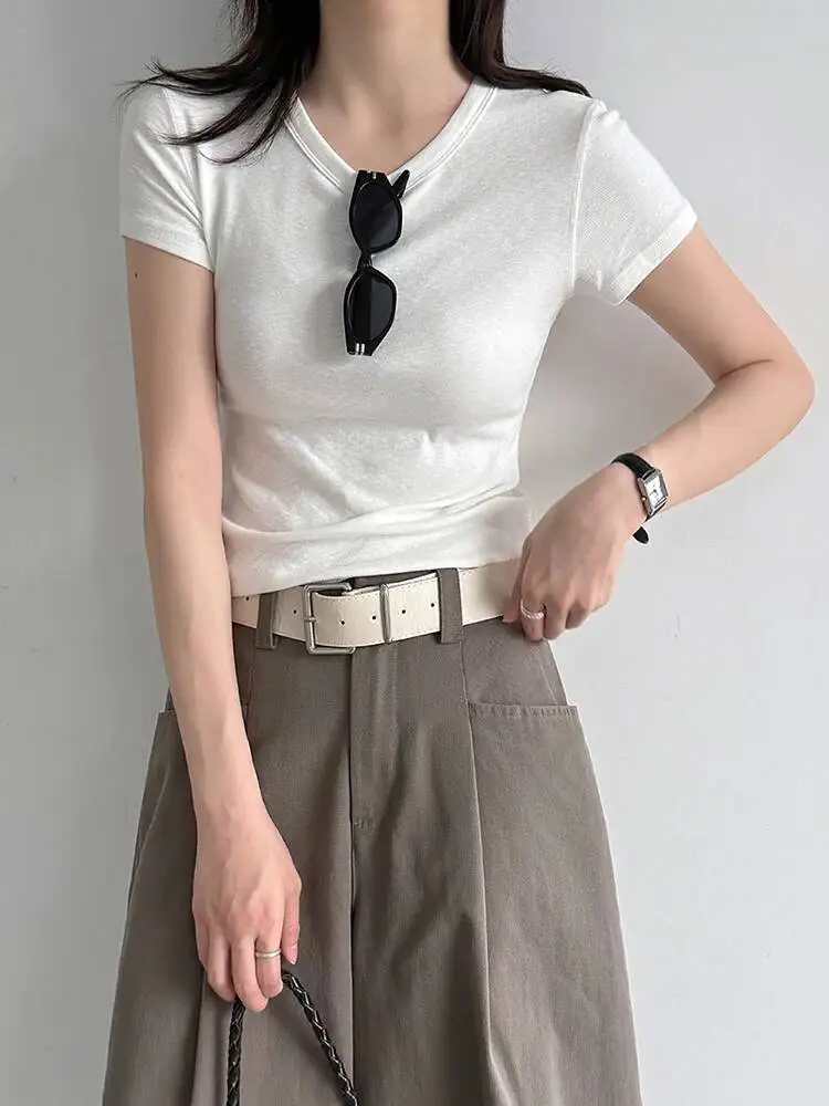Women White Red Plain Color Brief Slim T-shirt New Round Neck Short Sleeve Fashion Tide Spring Summer