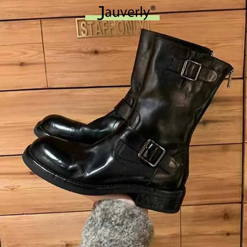 

Женские ботинки, модные пряжки, дизайн из конской кожи с круглой головкой, маленькие прямые короткие сапоги на толстом каблуке с увеличенной ножкой, женские новые