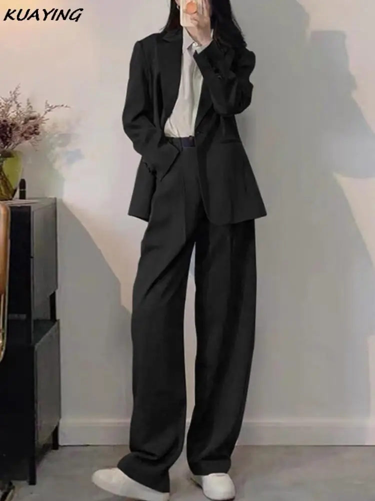 Woman Office Clothes Two Pieces Set Chic Casual Loose Business Blazer Wide Leg Pantsuit Fashion Korean Trousers Formal Suit