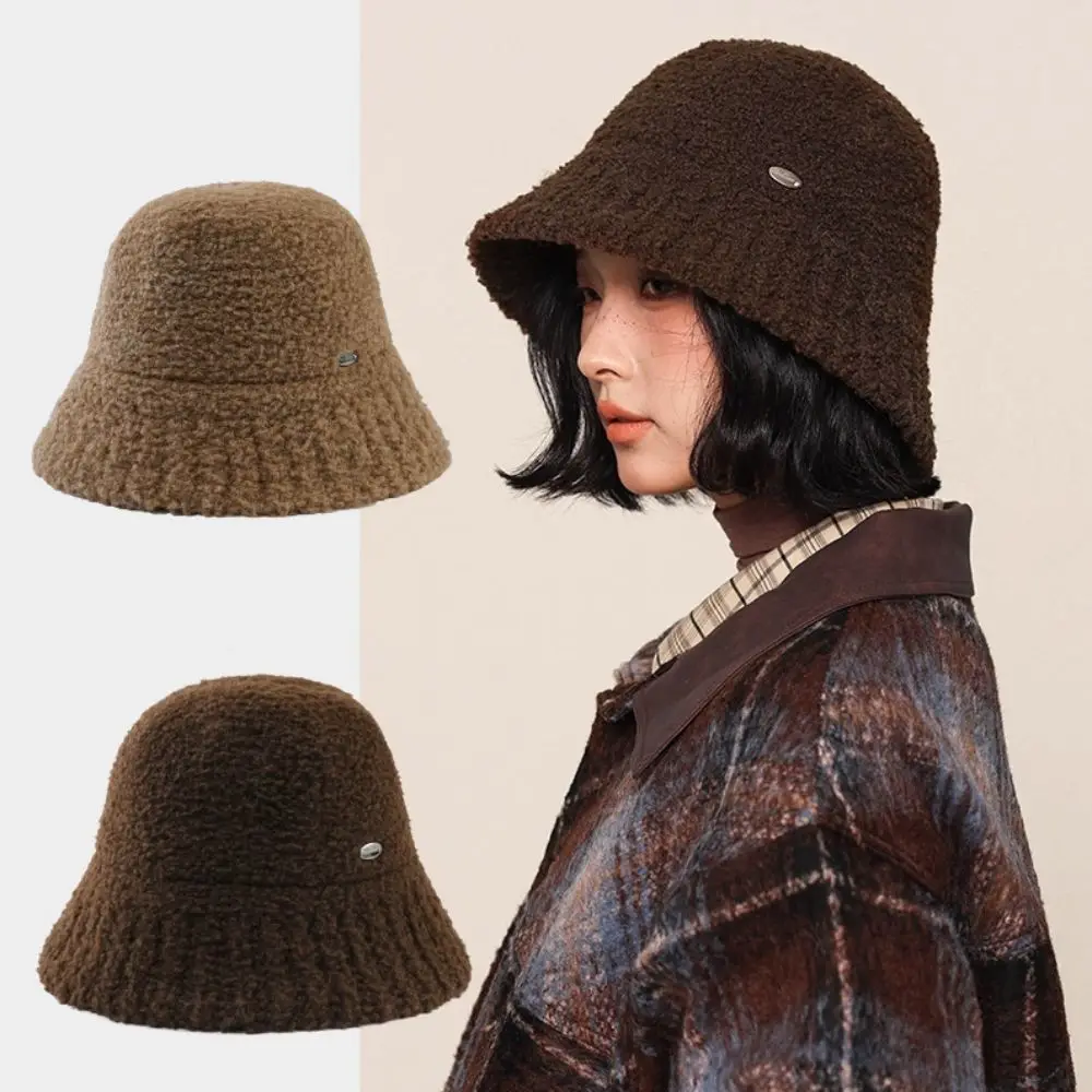 

Wide Brimmed Fisherman Caps Retro Vintage Keep Warm Women's Bucket Hat Thickened Solid Color Warm Basin Hat Autumn Winter