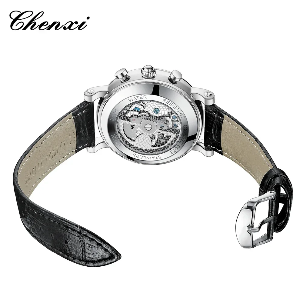 CHENXI 2024 Watches For Men Leather Strap Skeleton Quartz Sweep Second Movement Mens Watch Waterproof Chronograph Wristwatches