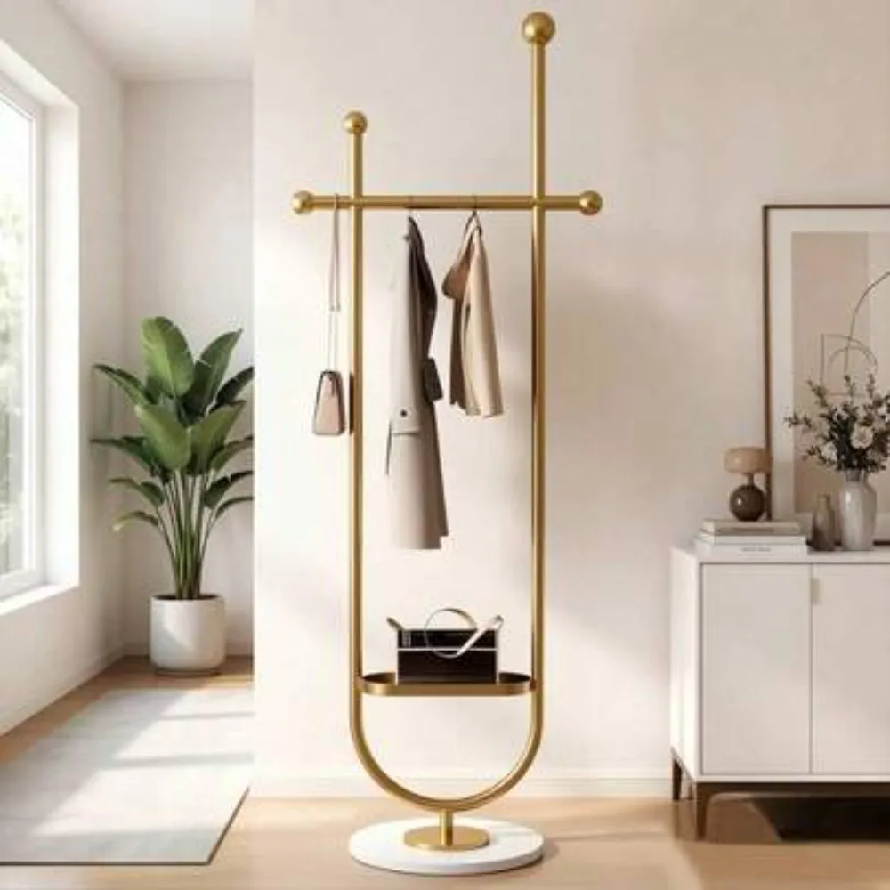 Clothing Rack Gold Metal Freestanding Heavy Duty Clothes Rack with Marble Base for Bedroom Entryway Living Room Boutique Retail Store Display, Multipurpose Garment Hanger Coat Tree Stand for Hats Scarves Jackets Bags Coats Dresses Suits Pants, Sturdy