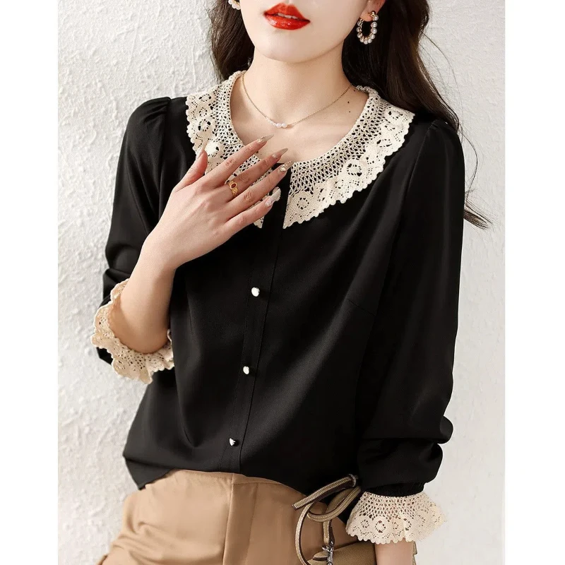 Peter Pan Collar Lace Patchwork Solid Button Women\'s Pullover Long Sleeve Chiffon T-shirt Loose Elegant Spring Autumn Tops