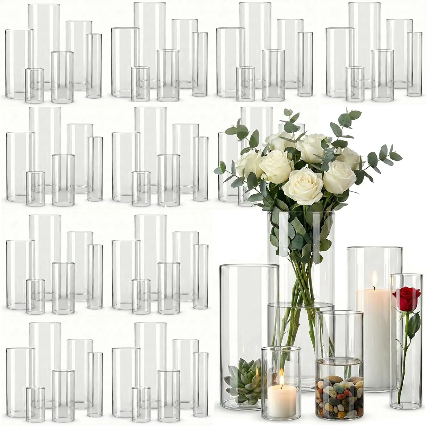 Clear Glass Cylinder Vases 72 Pack, 4/6/8/10 Inch Flower Vase Set for Centerpieces, Wedding Decor & Indoor Home Decor, Hurricane Candle Holders for Table, Shelf & Party